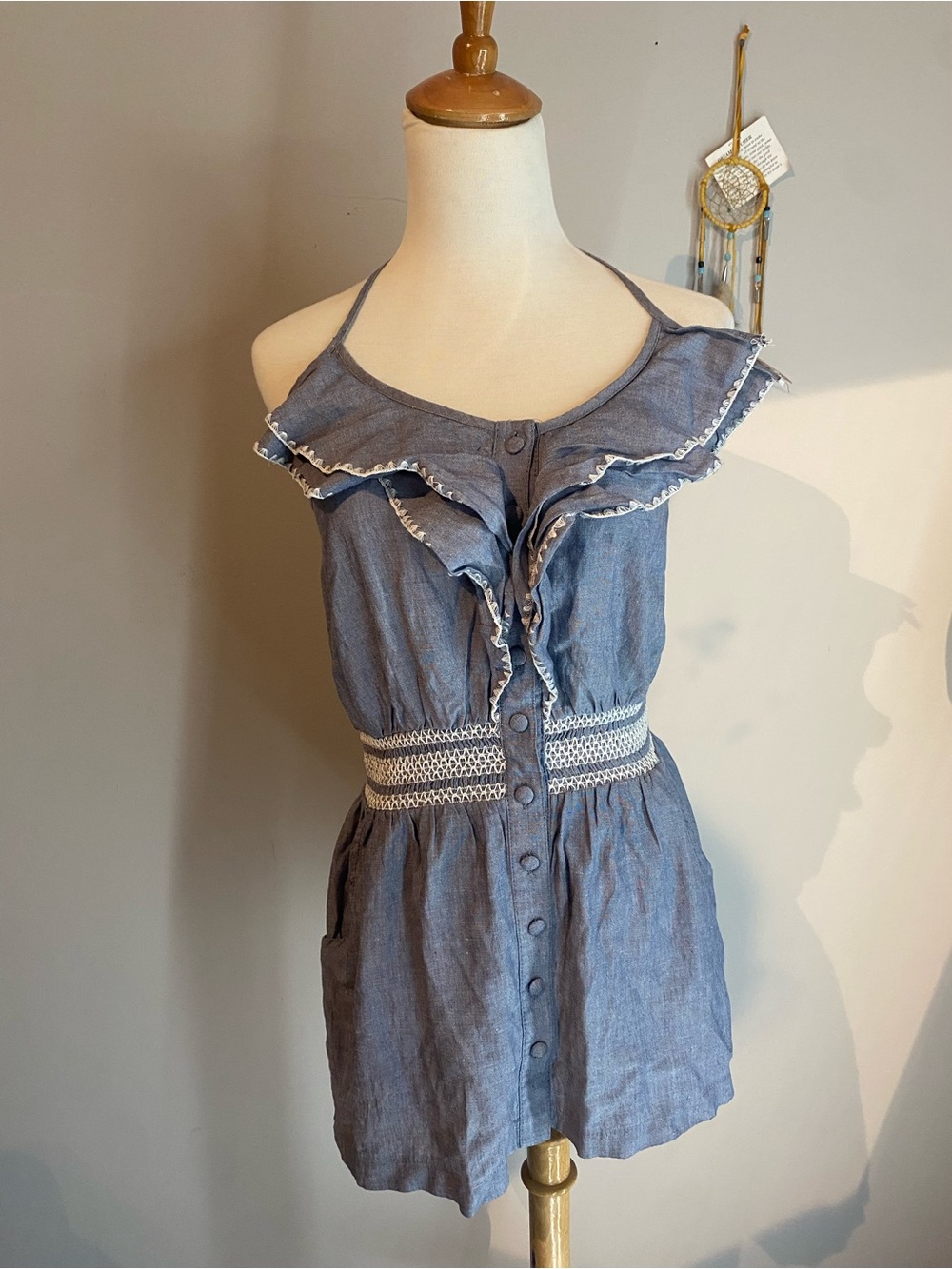 Mustard Seed Light Blue Ruffle Halter Mini Dress